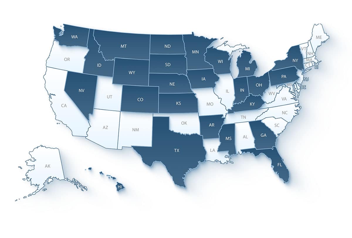 map of the United States showing where Custom Millwork has done business